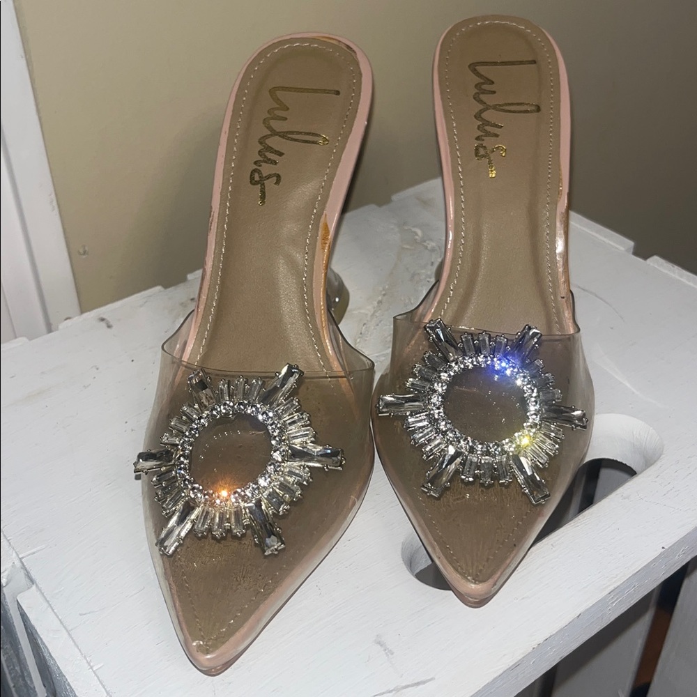 Lulu's Clear and Gold Heels with Rhinestone Embellishment